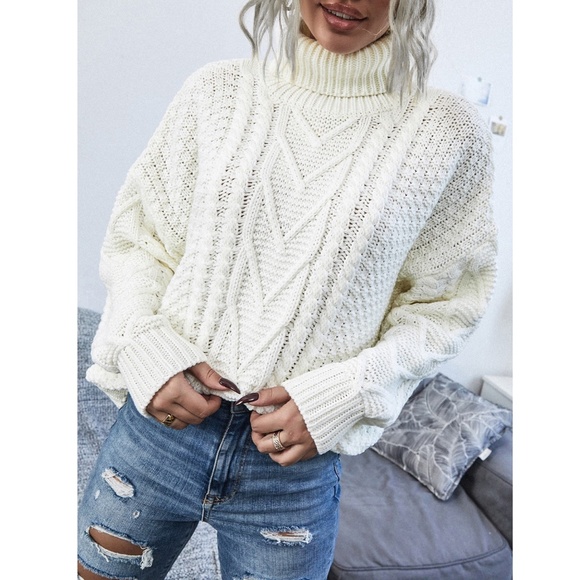 Off White Cable Knit Turtleneck Sweater - Picture 5 of 10